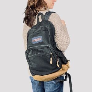 JanSport Suede Leather Bottom Black Backpack EUC